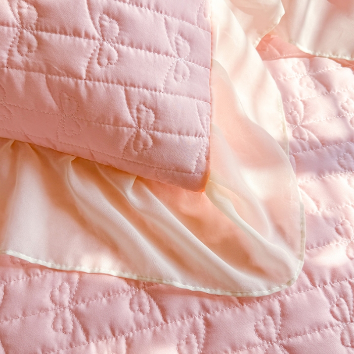 91家纺网 家纺一手货源 找家纺 苏米娜2026春夏新品韩版公主风小清新水洗棉床盖四件套针织棉双层纱纯棉棉麻全棉公主风床盖款四件套 花漾甜心-樱花粉