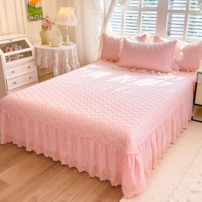 91家纺网 家纺一手货源 找家纺 苏米娜2026春夏新品韩版公主风小清新水洗棉床盖四件套针织棉双层纱纯棉棉麻全棉公主风床盖款四件套 花漾甜心-樱花粉