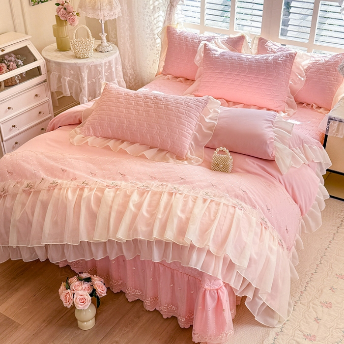 91家纺网 家纺一手货源 找家纺 苏米娜2026春夏新品韩版公主风小清新水洗棉床盖四件套针织棉双层纱纯棉棉麻全棉公主风床盖款四件套 花漾甜心-樱花粉