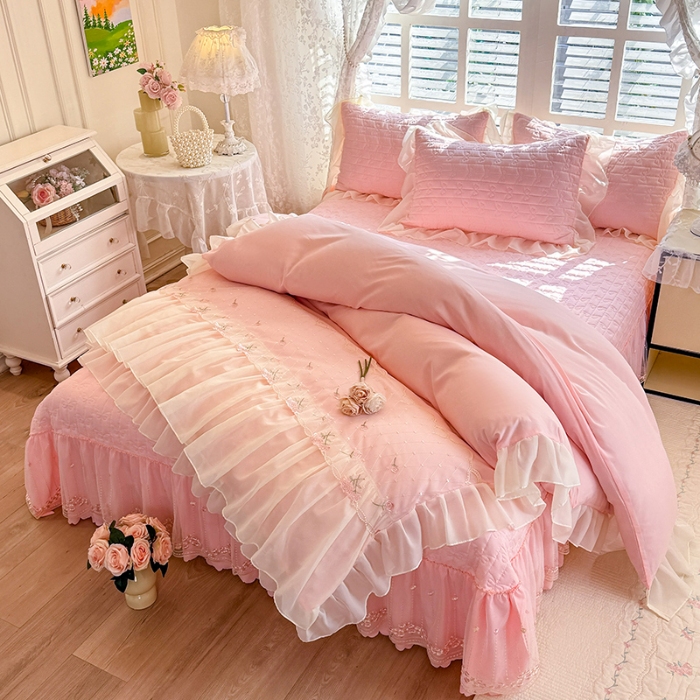 91家纺网 家纺一手货源 找家纺 苏米娜2026春夏新品韩版公主风小清新水洗棉床盖四件套针织棉双层纱纯棉棉麻全棉公主风床盖款四件套 花漾甜心-樱花粉