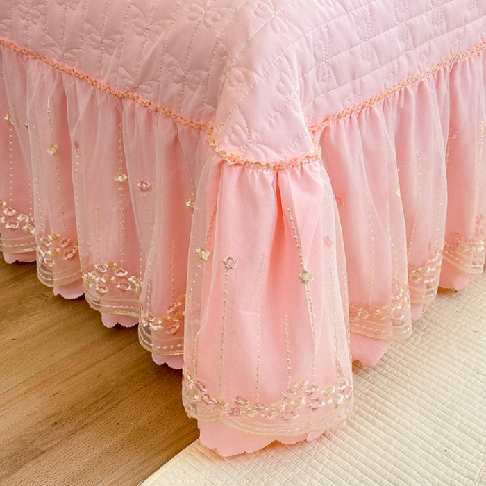 91家纺网 家纺一手货源 找家纺 苏米娜2026春夏新品韩版公主风小清新水洗棉床盖四件套针织棉双层纱纯棉棉麻全棉公主风床盖款四件套 花漾甜心-樱花粉