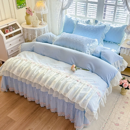 苏米娜2026春夏新品韩版公主风小清新水洗棉床盖四件套针织棉双层纱纯棉棉麻全棉公主风床盖款四件套  花漾甜心-梦幻蓝