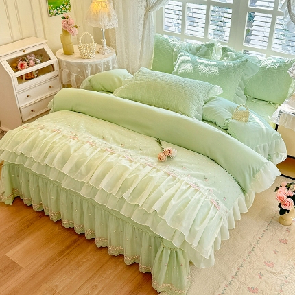苏米娜2026春夏新品韩版公主风小清新水洗棉床盖四件套针织棉双层纱纯棉棉麻全棉公主风床盖款四件套 花漾甜心-嫩芽绿