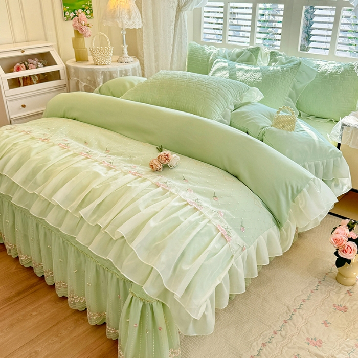 91家纺网 家纺一手货源 找家纺 苏米娜2026春夏新品韩版公主风小清新水洗棉床盖四件套针织棉双层纱纯棉棉麻全棉公主风床盖款四件套 花漾甜心-嫩芽绿