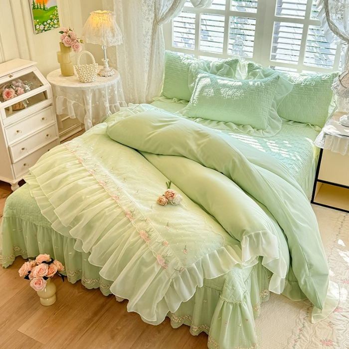 91家纺网 家纺一手货源 找家纺 苏米娜2026春夏新品韩版公主风小清新水洗棉床盖四件套针织棉双层纱纯棉棉麻全棉公主风床盖款四件套 花漾甜心-嫩芽绿
