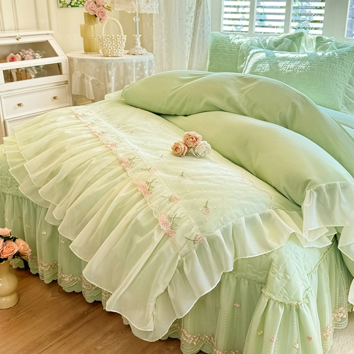 91家纺网 家纺一手货源 找家纺 苏米娜2026春夏新品韩版公主风小清新水洗棉床盖四件套针织棉双层纱纯棉棉麻全棉公主风床盖款四件套 花漾甜心-嫩芽绿