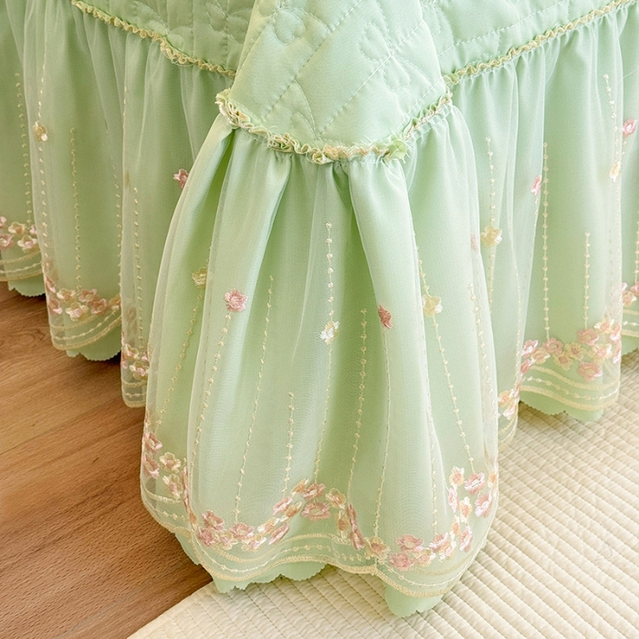 91家纺网 家纺一手货源 找家纺 苏米娜2026春夏新品韩版公主风小清新水洗棉床盖四件套针织棉双层纱纯棉棉麻全棉公主风床盖款四件套 花漾甜心-嫩芽绿