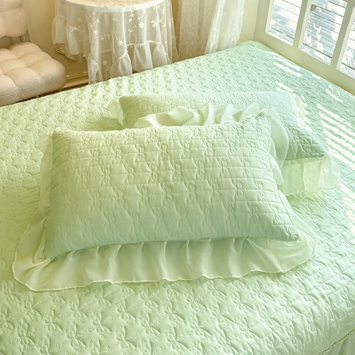 91家纺网 家纺一手货源 找家纺 苏米娜2026春夏新品韩版公主风小清新水洗棉床盖四件套针织棉双层纱纯棉棉麻全棉公主风床盖款四件套 花漾甜心-嫩芽绿