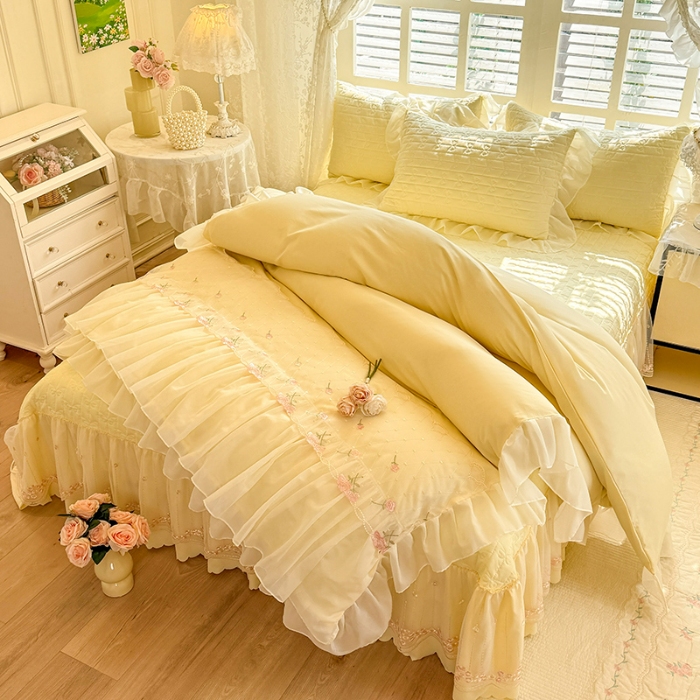 91家纺网 家纺一手货源 找家纺 苏米娜2026春夏新品韩版公主风小清新水洗棉床盖四件套针织棉双层纱纯棉棉麻全棉公主风床盖款四件套 花漾甜心-柠檬黄 