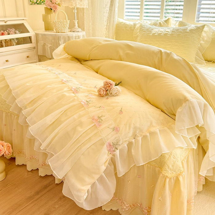 91家纺网 家纺一手货源 找家纺 苏米娜2026春夏新品韩版公主风小清新水洗棉床盖四件套针织棉双层纱纯棉棉麻全棉公主风床盖款四件套 花漾甜心-柠檬黄 