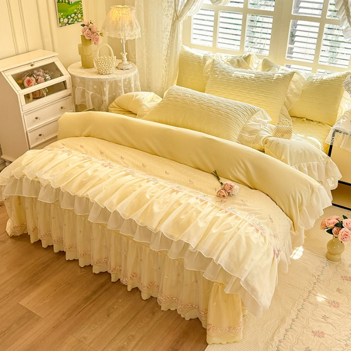 91家纺网 家纺一手货源 找家纺 苏米娜2026春夏新品韩版公主风小清新水洗棉床盖四件套针织棉双层纱纯棉棉麻全棉公主风床盖款四件套 花漾甜心-柠檬黄 