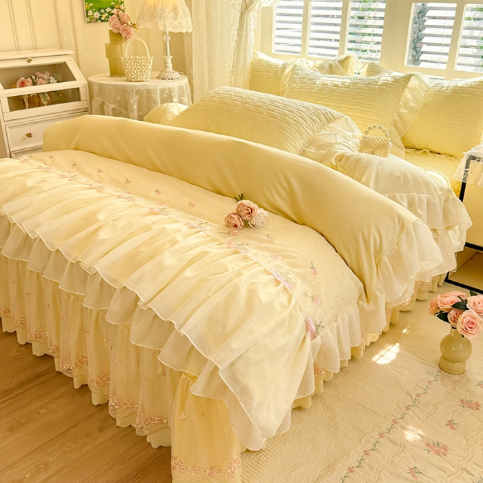 91家纺网 家纺一手货源 找家纺 苏米娜2026春夏新品韩版公主风小清新水洗棉床盖四件套针织棉双层纱纯棉棉麻全棉公主风床盖款四件套 花漾甜心-柠檬黄 