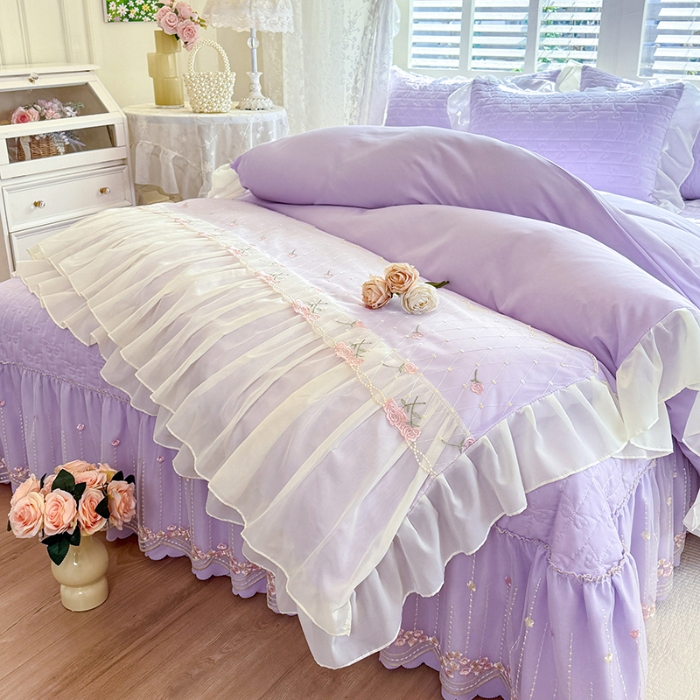 91家纺网 家纺一手货源 找家纺 苏米娜2026春夏新品韩版公主风小清新水洗棉床盖四件套针织棉双层纱纯棉棉麻全棉公主风床盖款四件套 花漾甜心-香芋紫