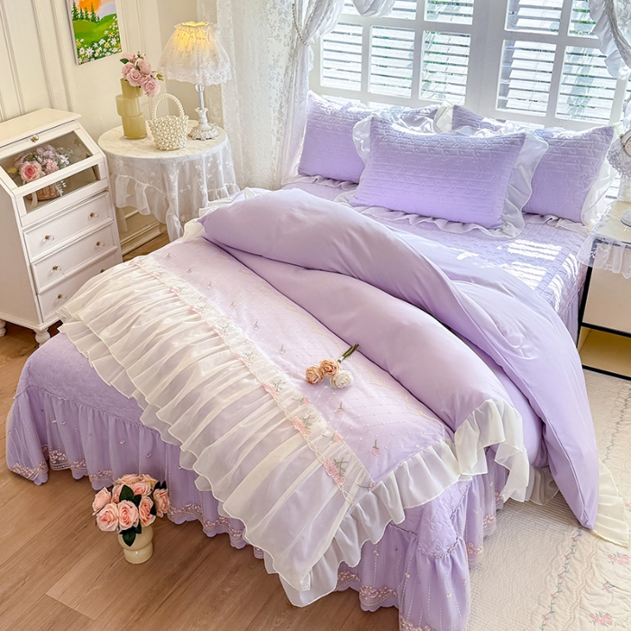 91家纺网 家纺一手货源 找家纺 苏米娜2026春夏新品韩版公主风小清新水洗棉床盖四件套针织棉双层纱纯棉棉麻全棉公主风床盖款四件套 花漾甜心-香芋紫