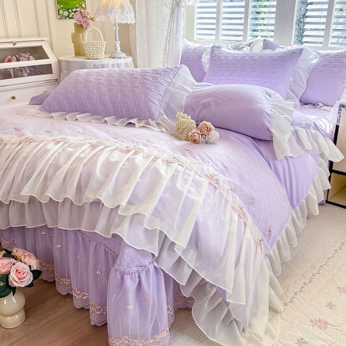 91家纺网 家纺一手货源 找家纺 苏米娜2026春夏新品韩版公主风小清新水洗棉床盖四件套针织棉双层纱纯棉棉麻全棉公主风床盖款四件套 花漾甜心-香芋紫