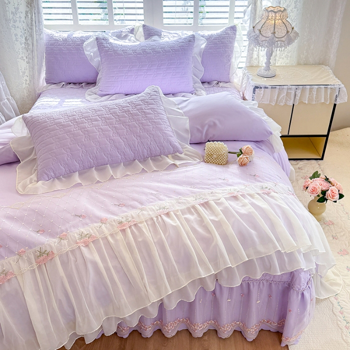 91家纺网 家纺一手货源 找家纺 苏米娜2026春夏新品韩版公主风小清新水洗棉床盖四件套针织棉双层纱纯棉棉麻全棉公主风床盖款四件套 花漾甜心-香芋紫