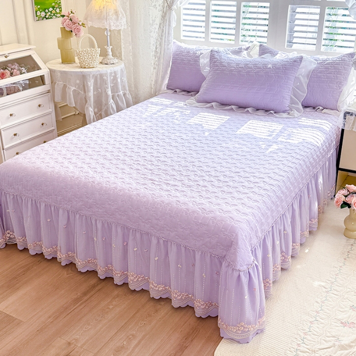 91家纺网 家纺一手货源 找家纺 苏米娜2026春夏新品韩版公主风小清新水洗棉床盖四件套针织棉双层纱纯棉棉麻全棉公主风床盖款四件套 花漾甜心-香芋紫