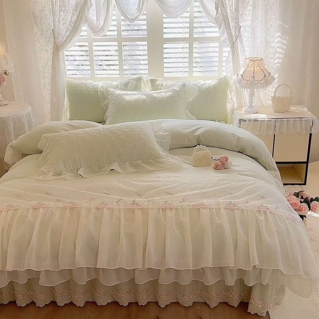 91家纺网 家纺一手货源 找家纺 苏米娜2026春夏新品韩版公主风小清新水洗棉床盖四件套针织棉双层纱纯棉棉麻全棉公主风床盖款四件套 花漾甜心-嫩芽绿