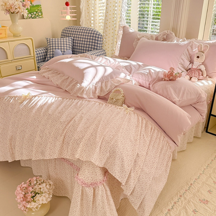 91家纺网 家纺一手货源 找家纺 漫布云家纺SUMINA 2026新款春夏超柔云朵棉床盖款四件套-艾洛花园系列 艾洛花园-童话粉 