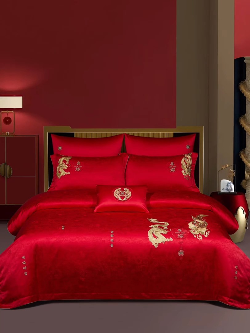 91家纺网 家纺一手货源 找家纺 婚庆四件套高精密提花加刺绣结婚喜庆直播爆款【控价不低于580】 吾家有喜