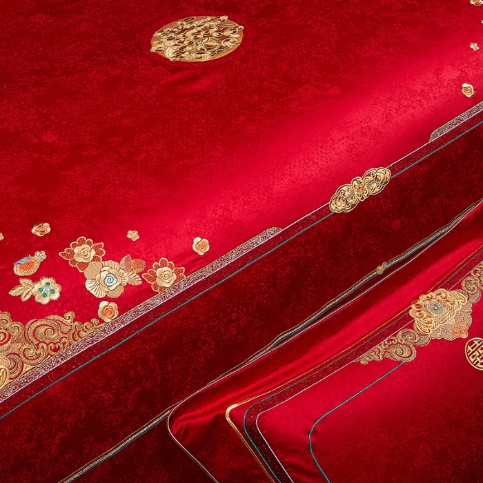 91家纺网 家纺一手货源 找家纺 婚庆四件套高精密提花加刺绣结婚喜庆直播爆款【控价不低于580】 金玉良缘