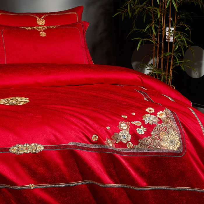 91家纺网 家纺一手货源 找家纺 婚庆四件套高精密提花加刺绣结婚喜庆直播爆款【控价不低于580】 金玉良缘