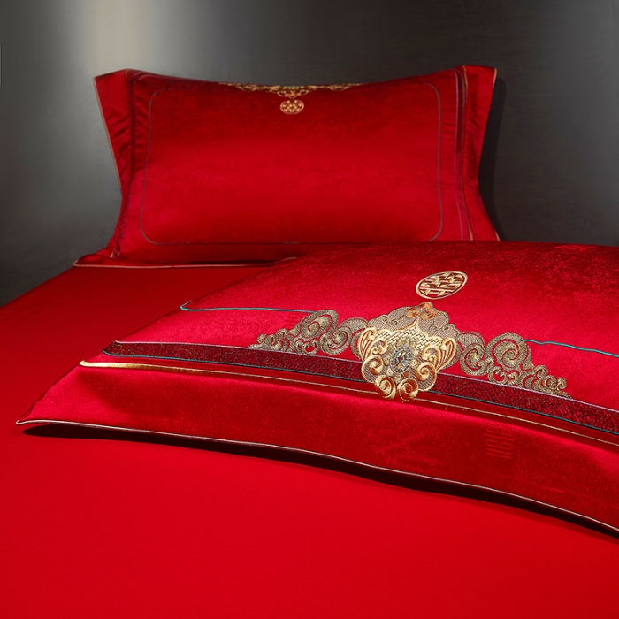 91家纺网 家纺一手货源 找家纺 婚庆四件套高精密提花加刺绣结婚喜庆直播爆款【控价不低于580】 金玉良缘