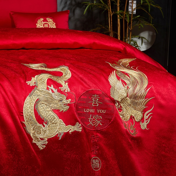 91家纺网 家纺一手货源 找家纺 婚庆四件套高精密提花加刺绣结婚喜庆直播爆款【控价不低于580】 吾家有喜