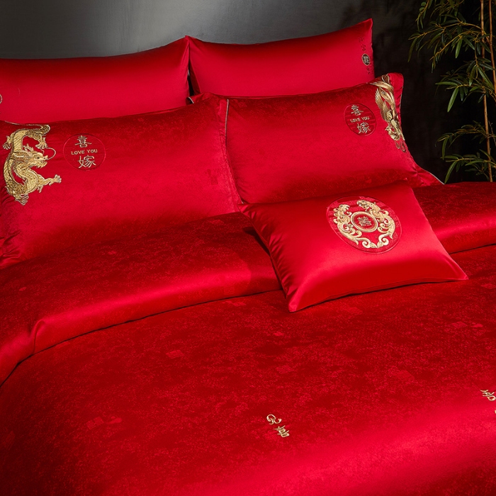 91家纺网 家纺一手货源 找家纺 婚庆四件套高精密提花加刺绣结婚喜庆直播爆款【控价不低于580】 吾家有喜