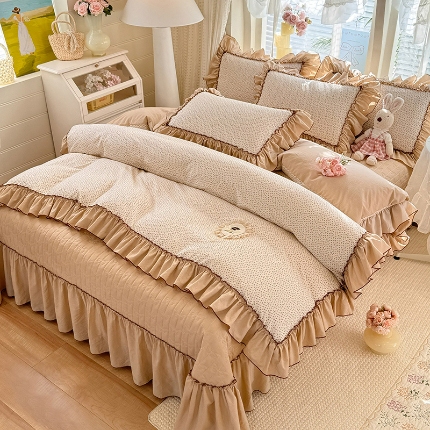 苏米娜2026春夏新品韩版公主风超柔水洗棉床盖四件套刺绣针织棉双层纱纯棉棉麻全棉公主风床盖款四件套  芬迪-松露咖 