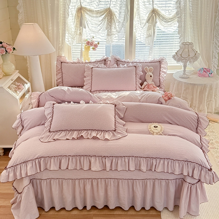 91家纺网 家纺一手货源 找家纺 苏米娜2026春夏新品韩版公主风超柔水洗棉床盖四件套刺绣针织棉双层纱纯棉棉麻全棉公主风床盖款四件套 芬迪-星云紫