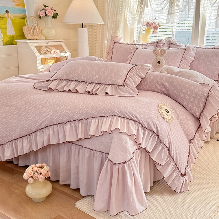 91家纺网 家纺一手货源 找家纺 苏米娜2026春夏新品韩版公主风超柔水洗棉床盖四件套刺绣针织棉双层纱纯棉棉麻全棉公主风床盖款四件套 芬迪-星云紫