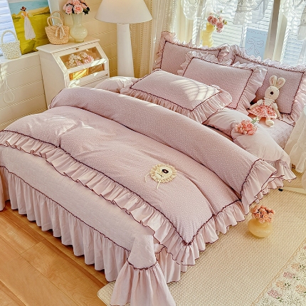 苏米娜2026春夏新品韩版公主风超柔水洗棉床盖四件套刺绣针织棉双层纱纯棉棉麻全棉公主风床盖款四件套 芬迪-星云紫