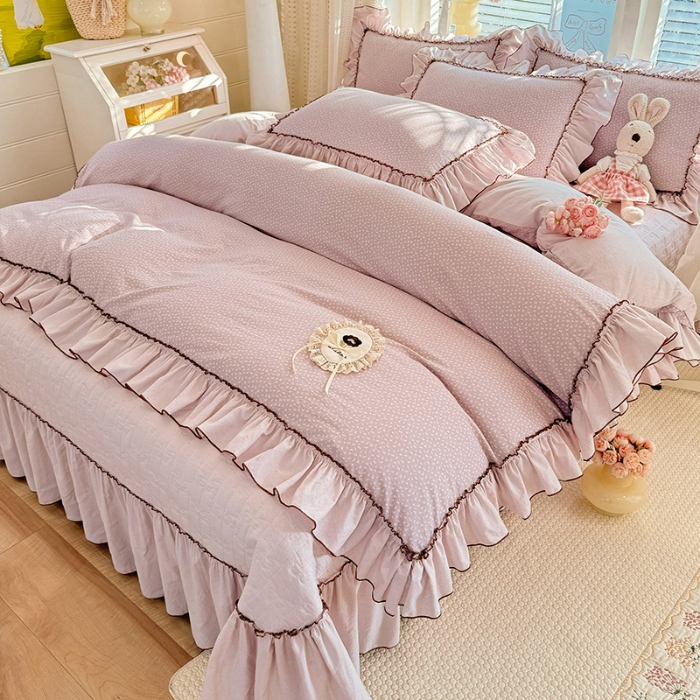 91家纺网 家纺一手货源 找家纺 苏米娜2026春夏新品韩版公主风超柔水洗棉床盖四件套刺绣针织棉双层纱纯棉棉麻全棉公主风床盖款四件套 芬迪-星云紫