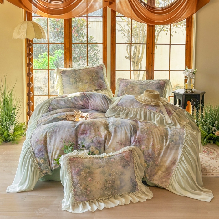 91家纺网 家纺一手货源 找家纺 2026高端韩版法式公主复古油画风全棉纯棉双层纱四件套赫本浪漫荷叶花边仙女纯棉全棉双层纱四件套床上用品被套 仲夏