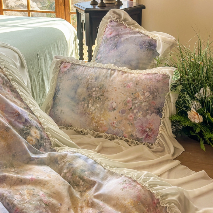 91家纺网 家纺一手货源 找家纺 2026高端韩版法式公主复古油画风全棉纯棉双层纱四件套赫本浪漫荷叶花边仙女纯棉全棉双层纱四件套床上用品被套 仲夏