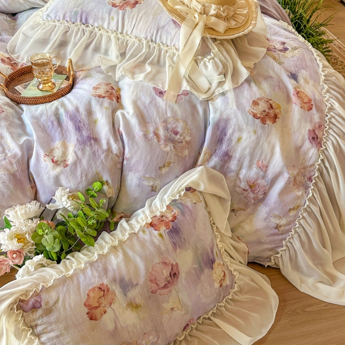 91家纺网 家纺一手货源 找家纺 2026高端韩版法式公主复古油画风全棉纯棉双层纱四件套赫本浪漫荷叶花边仙女纯棉全棉双层纱四件套床上用品被套 香榭丽舍