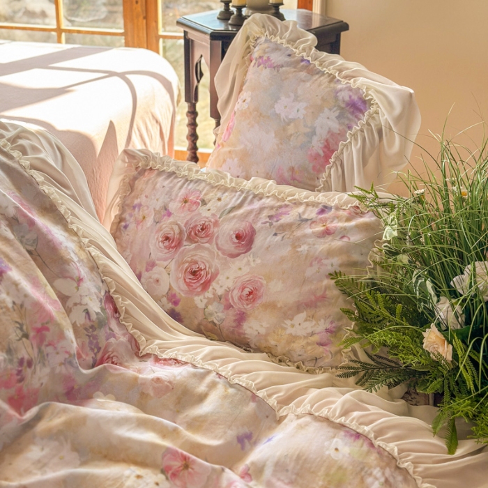 91家纺网 家纺一手货源 找家纺 2026高端韩版法式公主复古油画风全棉纯棉双层纱四件套赫本浪漫荷叶花边仙女纯棉全棉双层纱四件套床上用品被套 南法假日