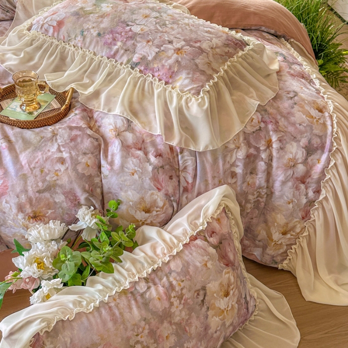 91家纺网 家纺一手货源 找家纺 2026高端韩版法式公主复古油画风全棉纯棉双层纱四件套赫本浪漫荷叶花边仙女纯棉全棉双层纱四件套床上用品被套 采薇