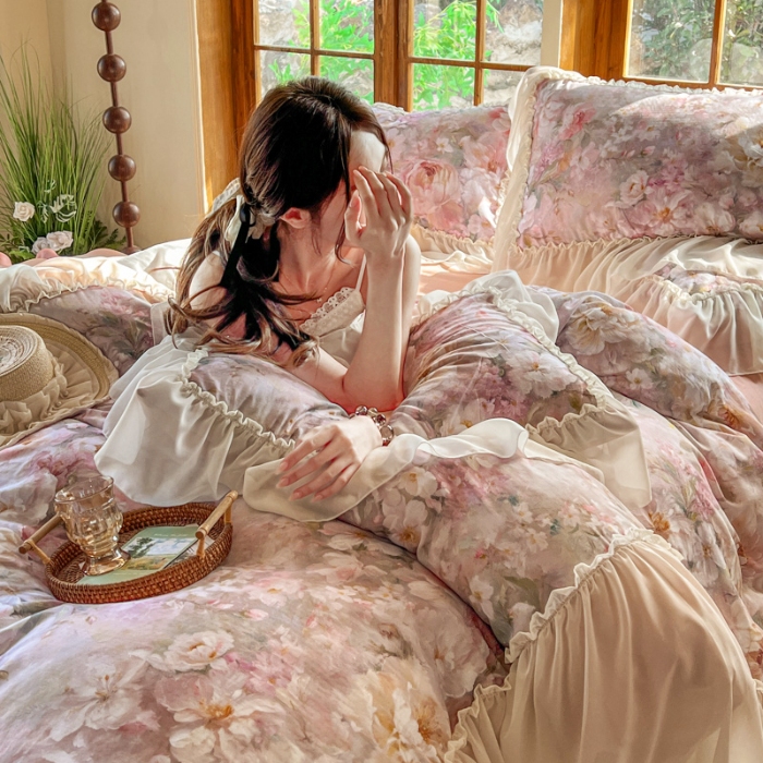 91家纺网 家纺一手货源 找家纺 2026高端韩版法式公主复古油画风全棉纯棉双层纱四件套赫本浪漫荷叶花边仙女纯棉全棉双层纱四件套床上用品被套 采薇