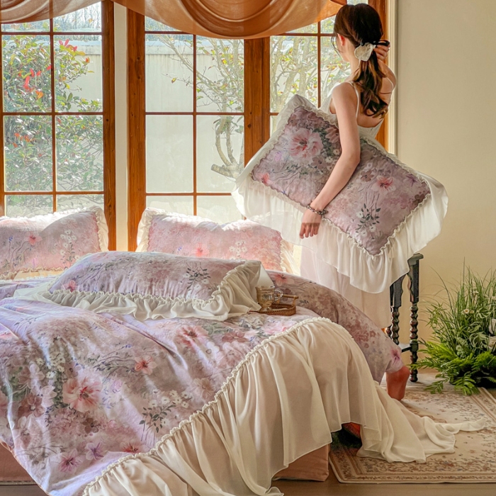 91家纺网 家纺一手货源 找家纺 2026高端韩版法式公主复古油画风全棉纯棉双层纱四件套赫本浪漫荷叶花边仙女纯棉全棉双层纱四件套床上用品被套 莫奈花园