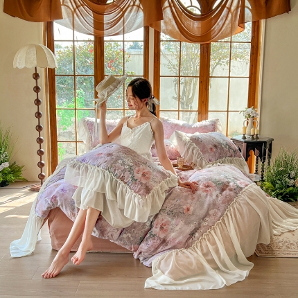 2026高端韩版法式公主复古油画风全棉纯棉双层纱四件套赫本浪漫荷叶花边仙女纯棉全棉双层纱四件套床上用品被套 莫奈花园