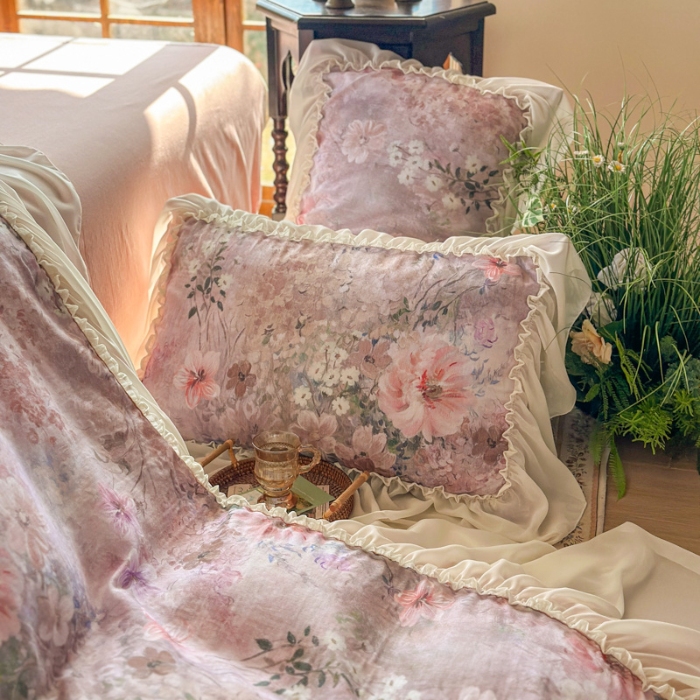 91家纺网 家纺一手货源 找家纺 2026高端韩版法式公主复古油画风全棉纯棉双层纱四件套赫本浪漫荷叶花边仙女纯棉全棉双层纱四件套床上用品被套 莫奈花园