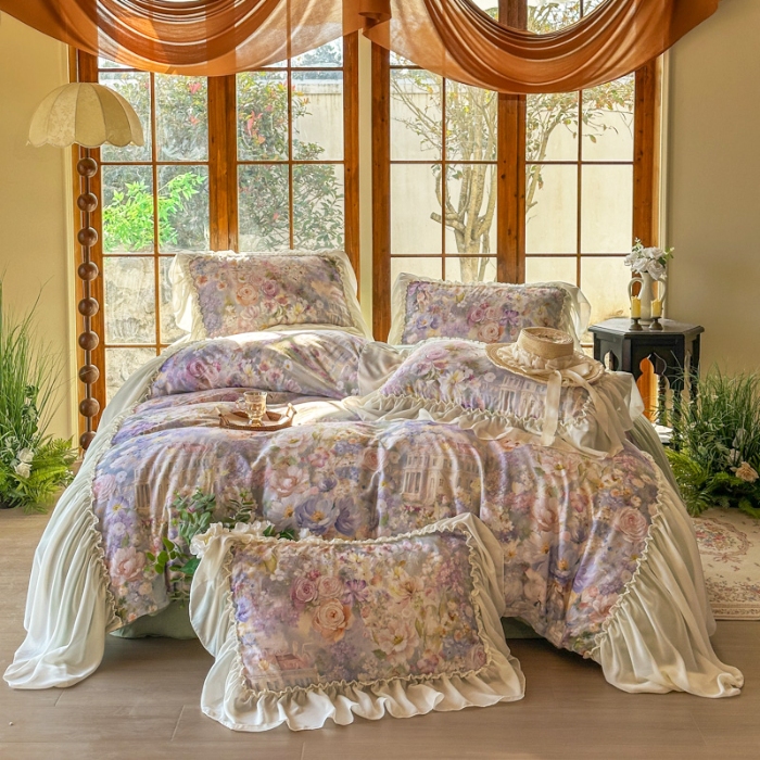 91家纺网 家纺一手货源 找家纺 2026高端韩版法式公主复古油画风全棉纯棉双层纱四件套赫本浪漫荷叶花边仙女纯棉全棉双层纱四件套床上用品被套 城堡玫瑰