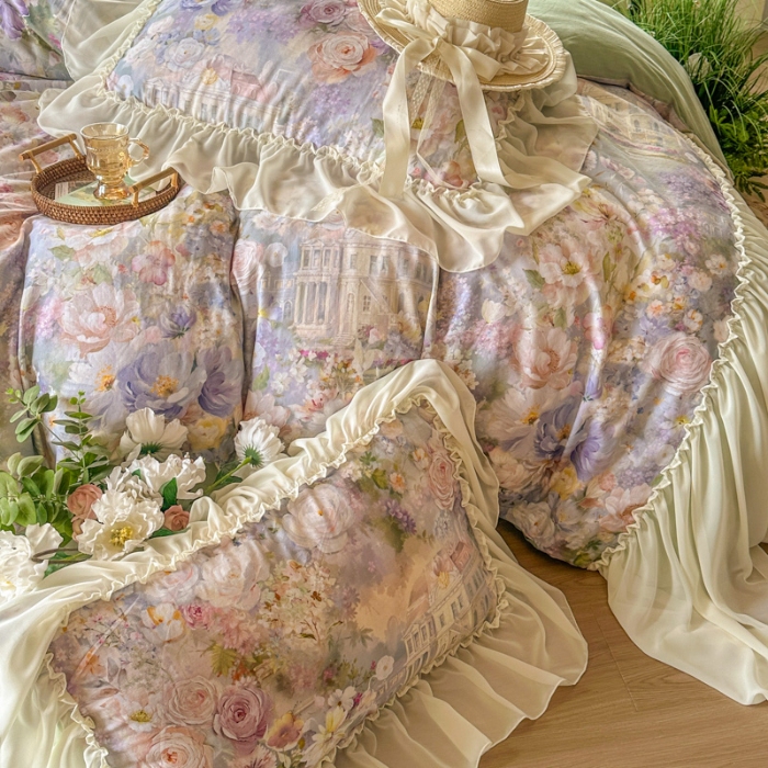 91家纺网 家纺一手货源 找家纺 2026高端韩版法式公主复古油画风全棉纯棉双层纱四件套赫本浪漫荷叶花边仙女纯棉全棉双层纱四件套床上用品被套 城堡玫瑰