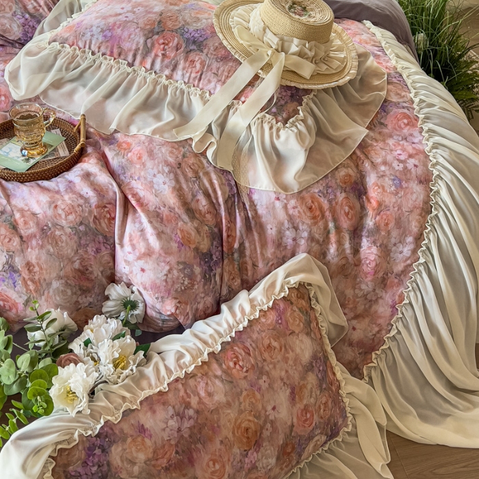 91家纺网 家纺一手货源 找家纺 2026高端韩版法式公主复古油画风全棉纯棉双层纱四件套赫本浪漫荷叶花边仙女纯棉全棉双层纱四件套床上用品被套 普罗旺斯