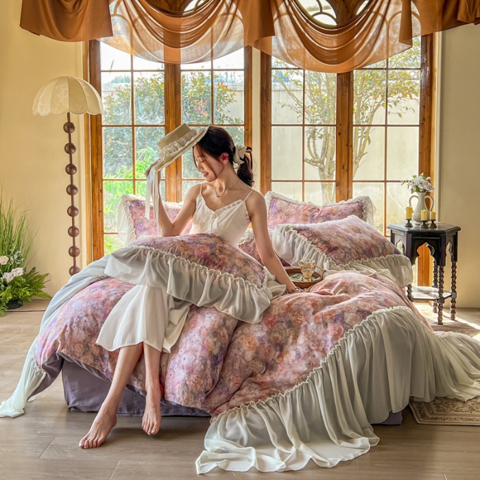 91家纺网 家纺一手货源 找家纺 2026高端韩版法式公主复古油画风全棉纯棉双层纱四件套赫本浪漫荷叶花边仙女纯棉全棉双层纱四件套床上用品被套 普罗旺斯