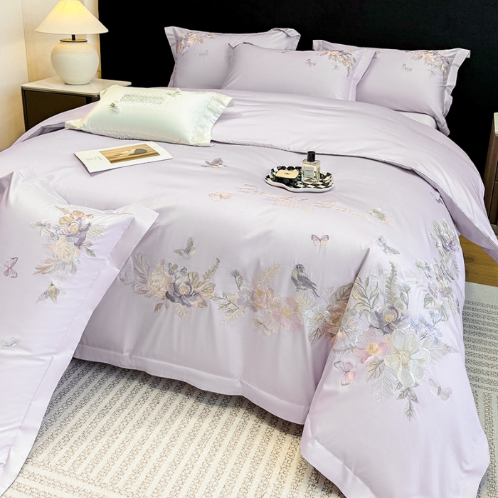 91家纺网 家纺一手货源 找家纺 春夏新品高档礼盒装50*50S贡缎长绒棉刺绣花四件套100%纯棉全棉床单床笠款量大价优 梦境紫-花莳-A类长绒棉高级床品