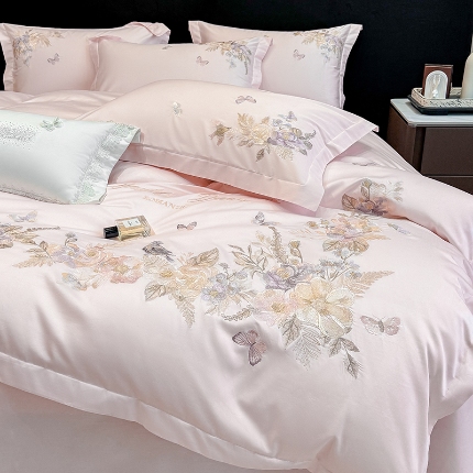 春夏新品高档礼盒装50*50S贡缎长绒棉刺绣花四件套100%纯棉全棉床单床笠款量大价优 蔷薇粉-花莳-A类长绒棉高级床品