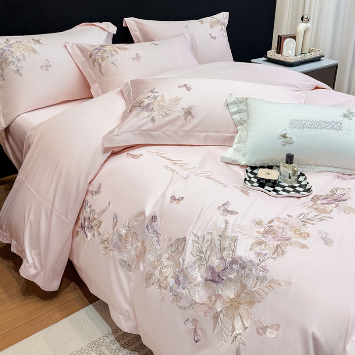 91家纺网 家纺一手货源 找家纺 春夏新品高档礼盒装50*50S贡缎长绒棉刺绣花四件套100%纯棉全棉床单床笠款量大价优 蔷薇粉-花莳-A类长绒棉高级床品